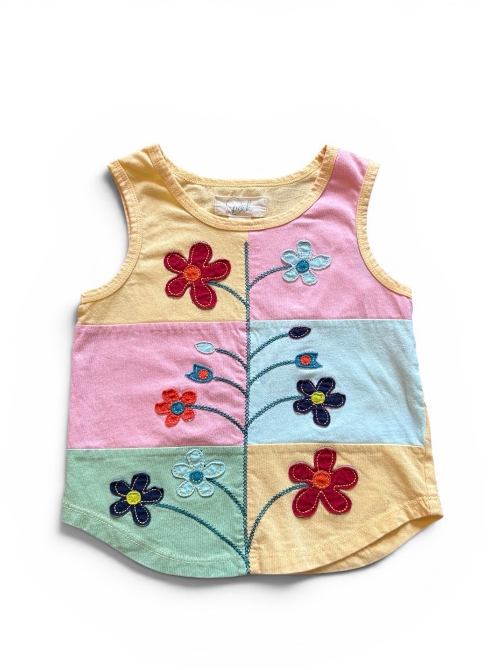 Patchwork Tank Top | Floral Appliqué | Pastel Colorblock | Cotton | 4-5 years